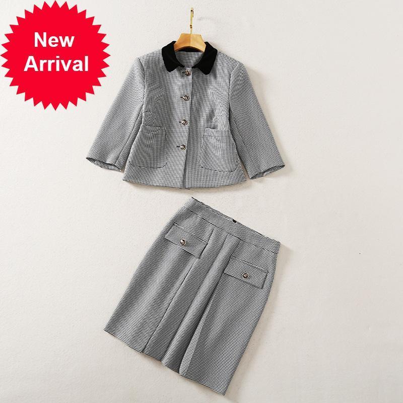 

New Autumn 2021 New Women 2 Piece Together a Thousand Bird Chess Blazer + High Office Skirt Lady Jacket Suits L76X, Beige