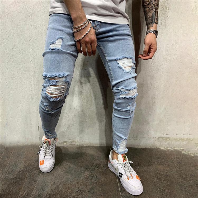 

European and American new style fashion men's ripped denim, jeans designer crime ripped jeans, blue pencil pants hip-hop style trousers, 13