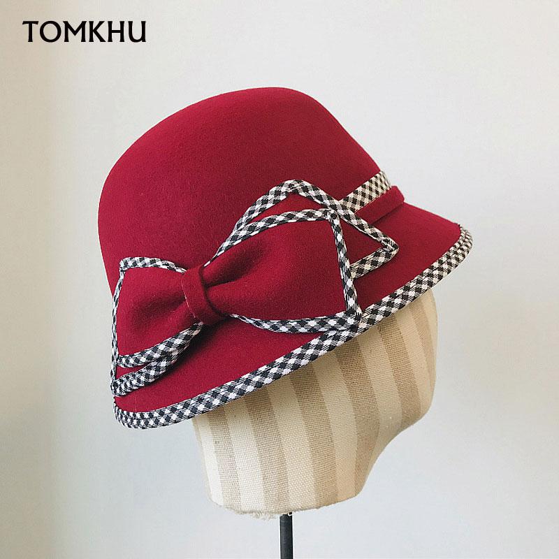 

New Beret Bucket Hat For Women Fascinator Hat Bow-knot Decoration Wool Cap For Lady Adult Casual Warm Winter Quality K Cap, White