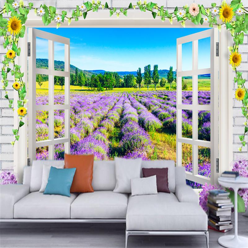 

3D Custom Photo Wallpapers Nature Landscape Wall Mural Romantic Lavender Flowers Window for Living Room TV Backdrop Home Decor, As picture