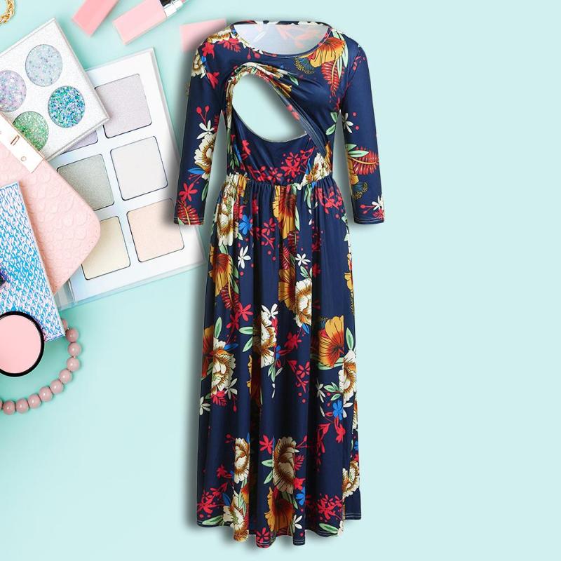 

Women Casual Breastfeeding Dress Female Floral Printing Long Sleeve Patchwork Maternity Pregnant Clothes Women O-Neck Dresses, Green