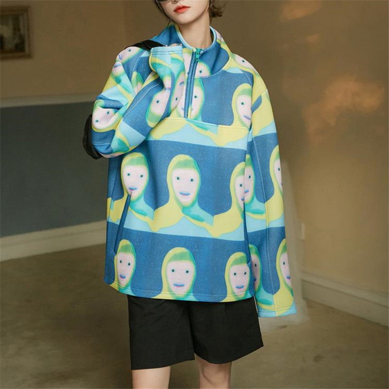 

2021 Dy Hoodie Tie Kawaii Female Turtleneck on Long Sleeve Print Cartoon Loosely Released Soft Spring New Streetwear IXEJ, Blue