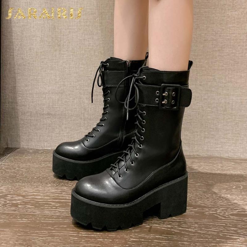 

Sarairis 2021 Hot Sale Trendy Paltform cross-tied High Heels Motorcycle Boots Woman Sheos Buckle Decoration Zipper Shoes Ladies1, Black
