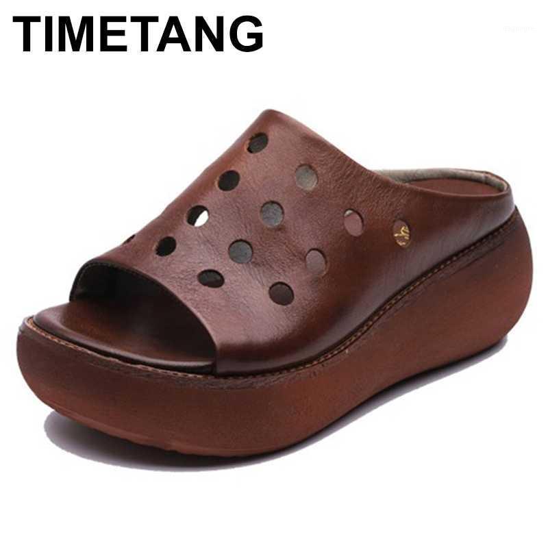 

TIMETANG platform slippers open shoes woman new 2020 hollow genuine leather sandals wedge sandals women slippers1, Deep brown