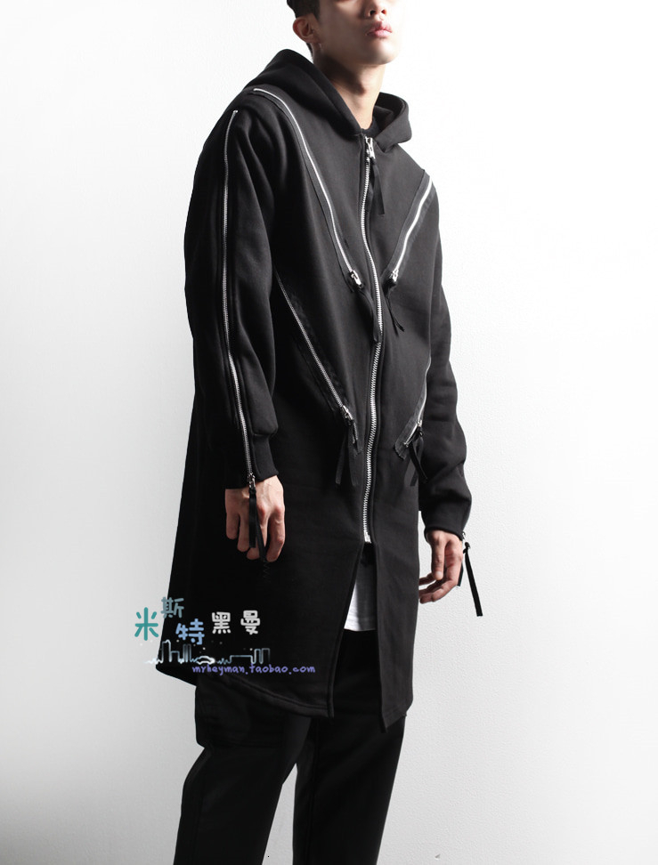 

2021 New Spring Personality V-in Form of Cardigan Sewing Long Hoodie Coat Sweatshirt with Metal Punk Hoodie. S-6xl!! QOK2, Black.