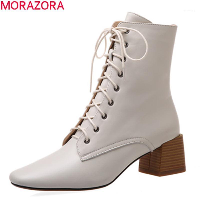 

MORAZORA 2020 Hot sale fashion ankle boots genuine leather solid color women boots med heels square toe lace up ladies shoes1, Black