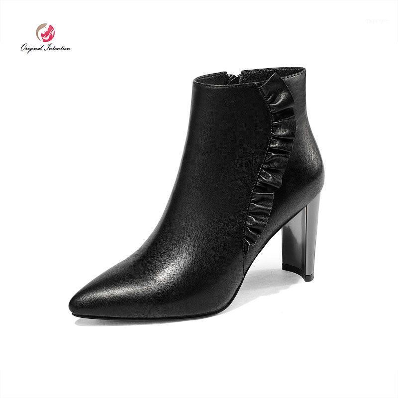 

Original Intention Women's Winter Ankle Boots Black Botas Mujer Cow Leather Fashion Block Heels Boots Warm Shoes Wooman Big Size1, Oi0507 black