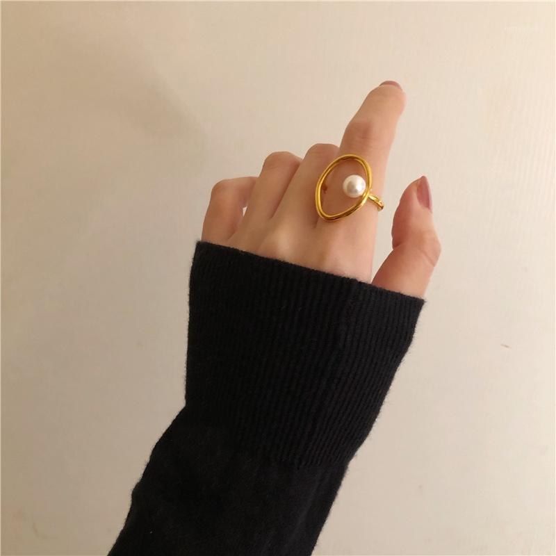 

Fashion Hollow Out Simple Adjustable Pearl Ring Geometric Gold Color Ring For Women Engagement Jewelry Accessories S-R8021