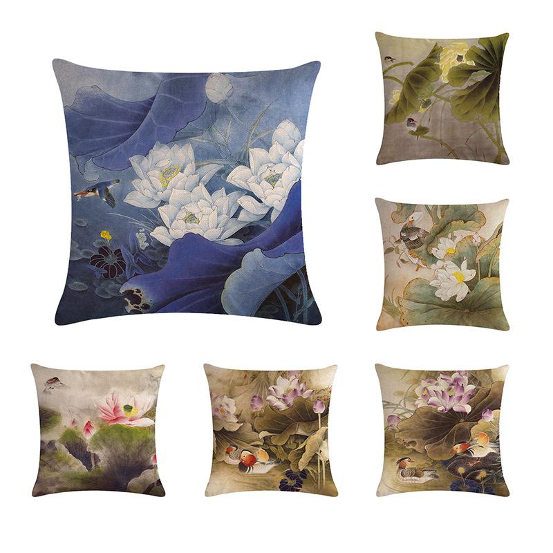 

45*45cm Asian lotus leaf Pattern Throw Pillow Cushion Cover Car Home Decor Decoration Sofa Bed Decorative Pillowcase