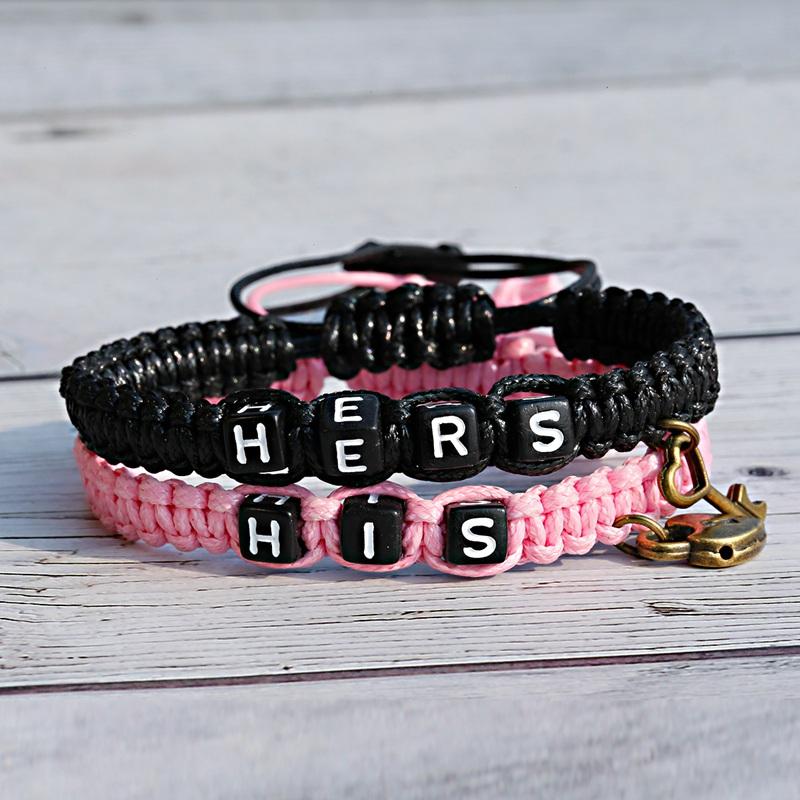 

2PCS Couple Bracelet Set Handmade HIS HERS Woven Bracelet Men And Women Jewelry Lock And Key Alloy Lovers Gift