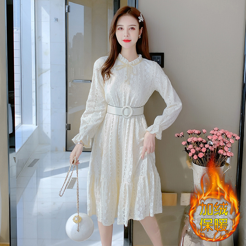 

2021 New Minority Temperature Knee Style in a White Lace Dress for Women Autumn and Winter Skirt Overcoat OJOO, Apricot.