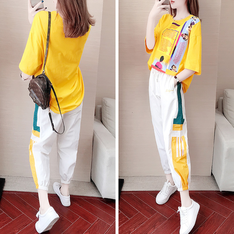 

2021 New Tracksuit for Summer Set Short Sleeve Printed Top+sportswear Pants 2 Piece Suit Casual Women Sets Plus Size 4xl Y366 Cd0x, Yellow