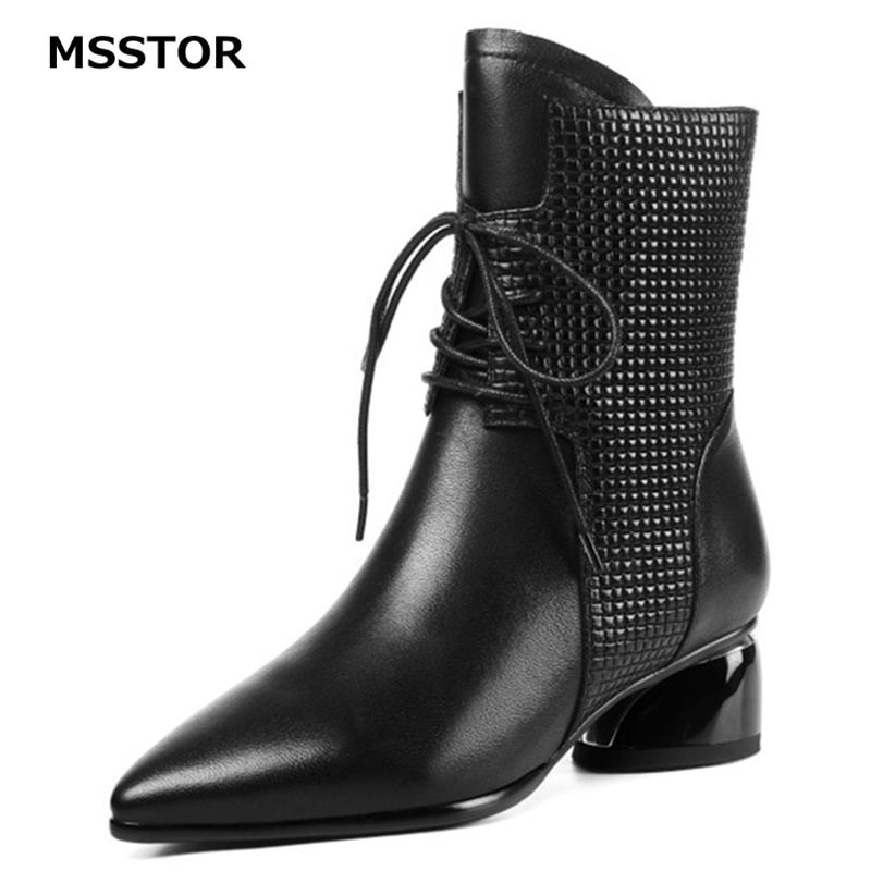 

Lace Up Black Boots Women Genuine Leather Casual Fashion Ankle Boots Women Pointed Toe Short Plush Winter Shoes Office