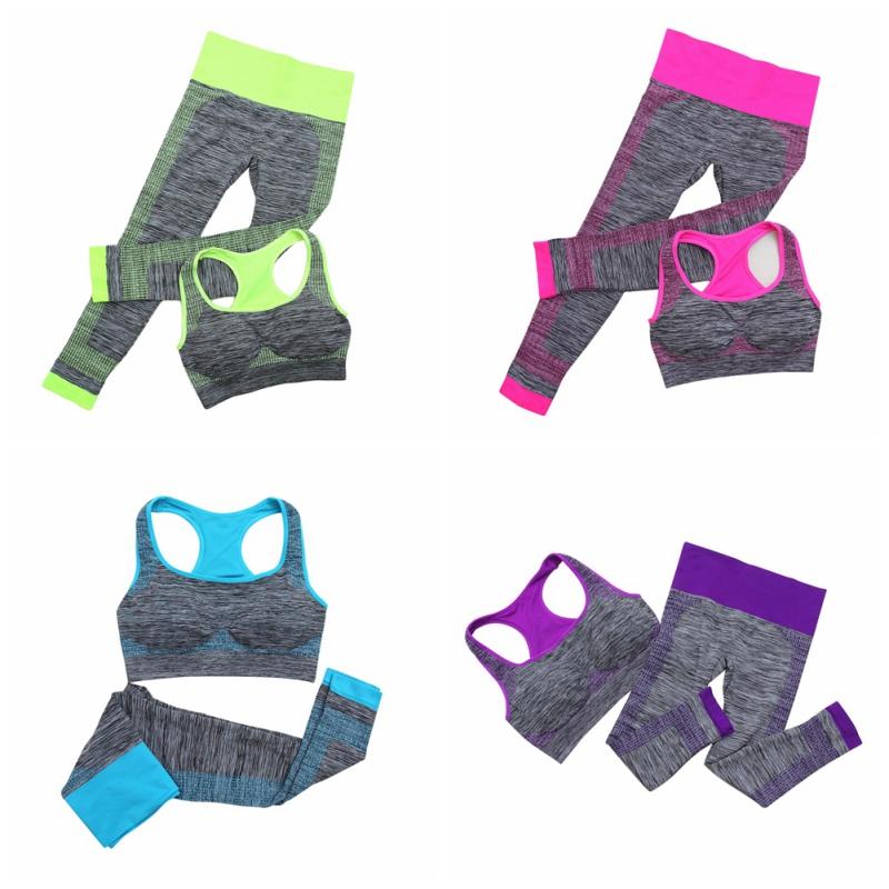 

2Pcs Women Yoga Fitness Seamless Bra+Pants Leggings Set Gym Workout Sports Wear, Rose red