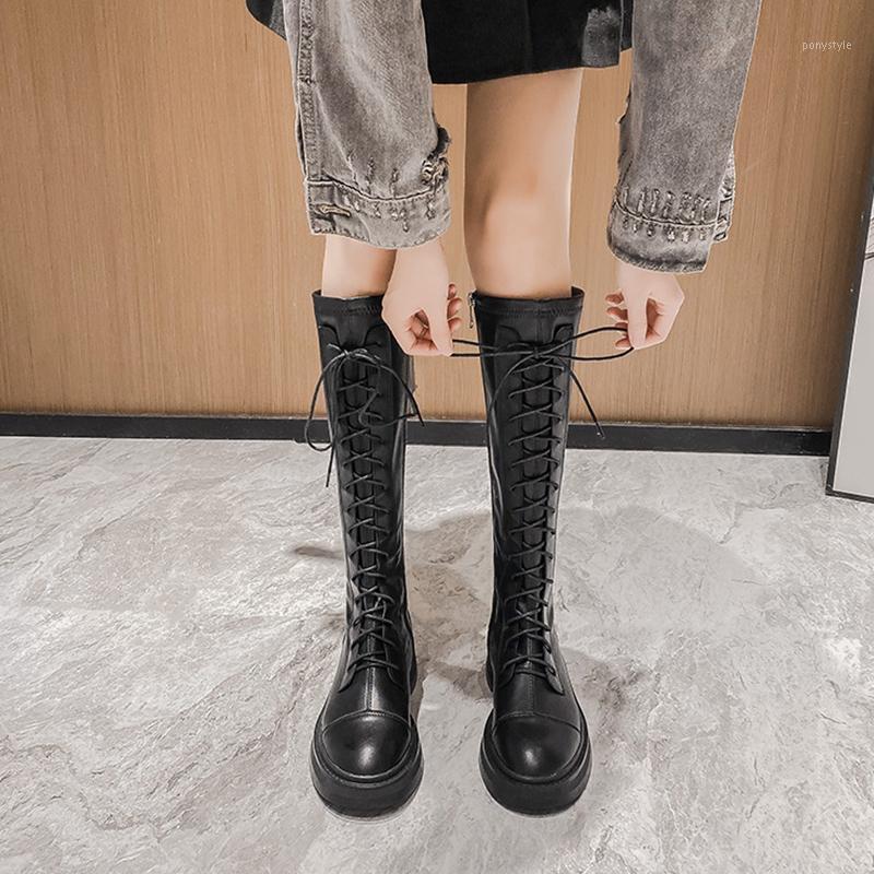 

2020 Autumn New Boots Women Elasticity Thick Soled Non-slip High Boots Zipper Lace-Up knee-High Soft Leather Female Black1, Black plus velvet b