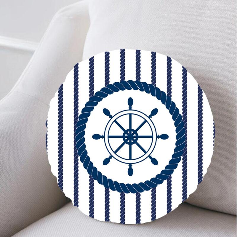 

Striped Anchor Wheel Rope Round Pillow Case Nautical Navy Blue White Velvet Cushion Cover for Sofa Chair Kid Beach House Decor