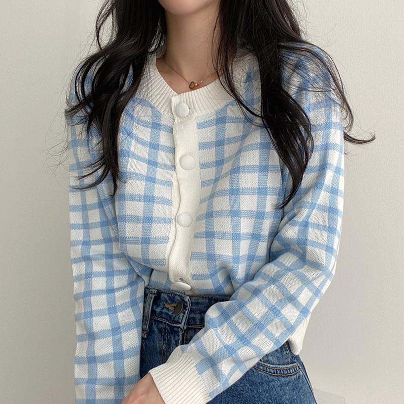 

Women's Knits & Tees Japan Style Fresh Sweet O Long Sleeve Plaid Cardigans Short Coat Blue Sweater Knitted Top Pull Student Retro Wild Gentl, White