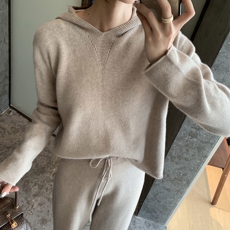 

Jxmyy Spring Autumn Knit Sweater Hooded Women Tracksuit Long Sleeve Cashmere Pullovers Elastic Pants Suit Sporting Set P611 Y201128, Pink