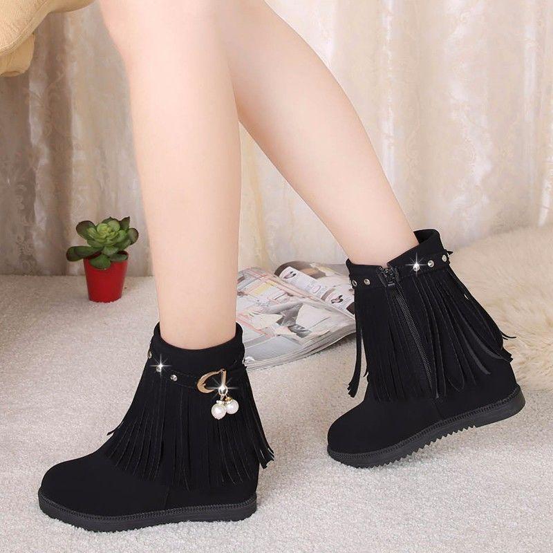 

Fringed Fashion Women Casual Boots Autumn and Winter New Female Boots Increase Women's Frosted Wedges Ankle, Black