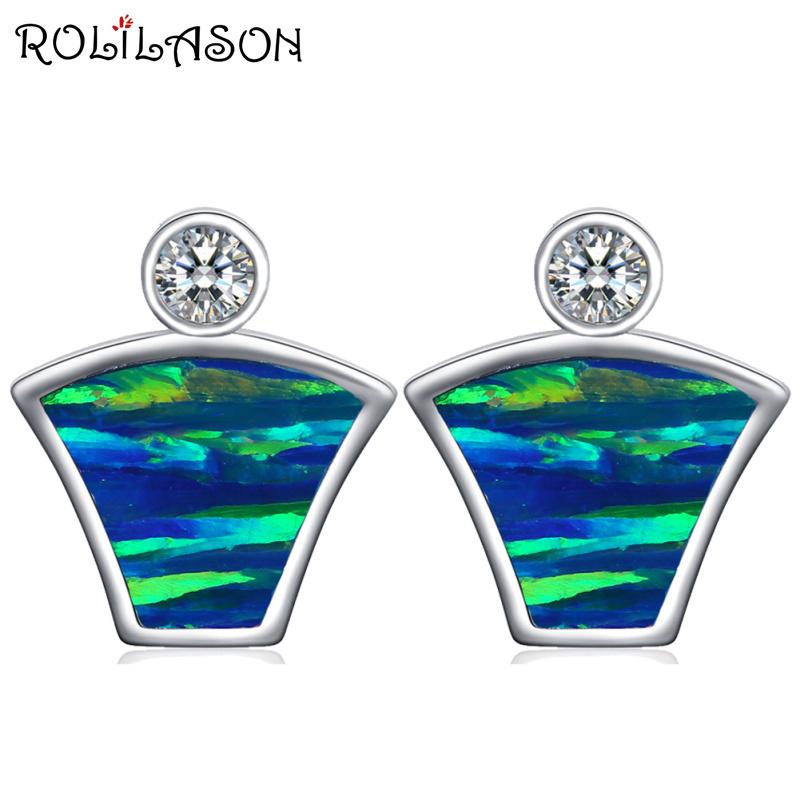 

ROLILASON Mysterious art Silver stamped blue with green Fire Opal wedding Gift for women Stud Earrings Fashion Jewelry OE725
