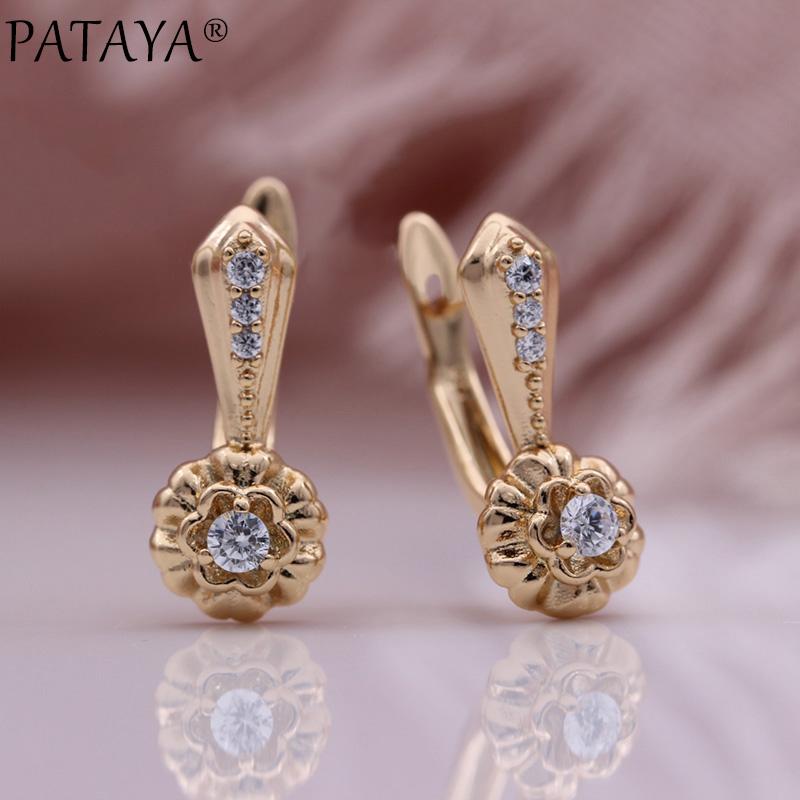 

PATAYA New Cute Flower Dangle Earrings White Natural Zircon Women Fine Fashion Jewelry Wedding Gift 585 Rose Gold Party Earrings