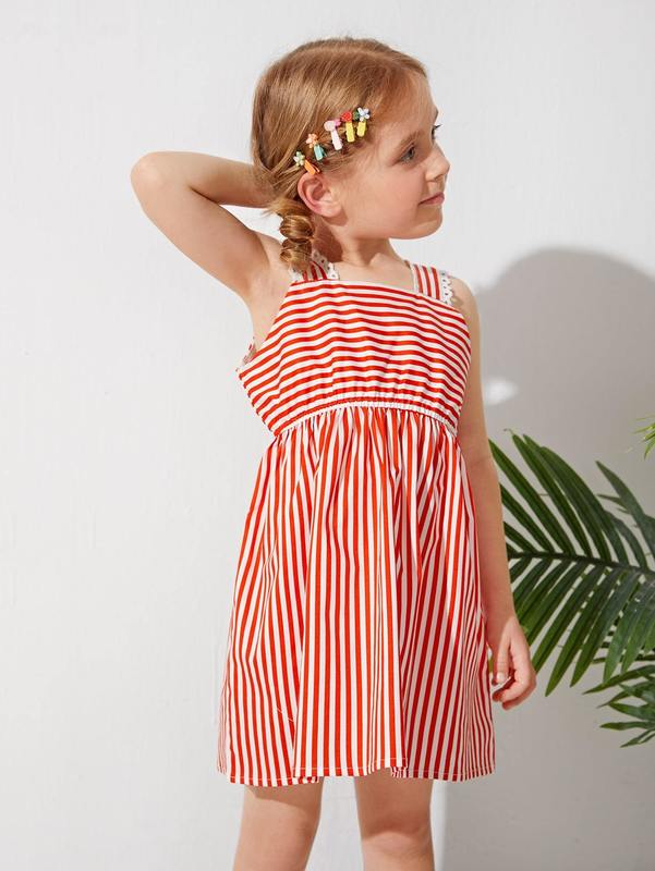 

Toddler Girls Schiffy Trim Strap Striped Dress SHE, Red and white