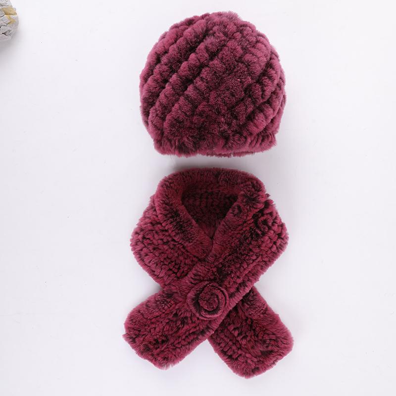 

New Women Real Rex Fur Hat Scarf Sets Warm Winter Knitted Lady Cap muffler H5