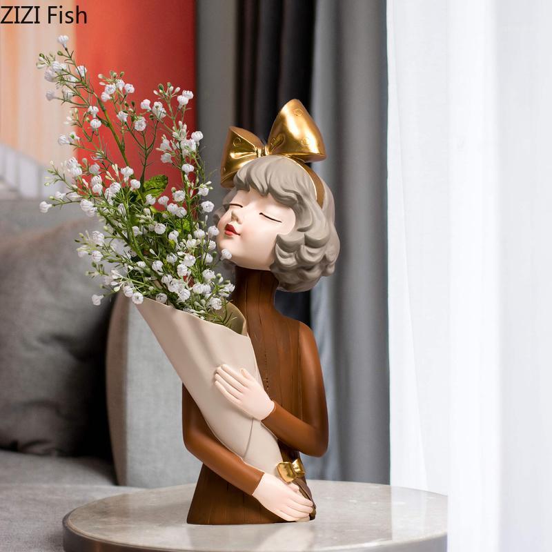 

Modern Creative Bow Girl Vases Decoration Luxury Living Room Coffee Table Porch Dried Flower Statue Crafts Girl Sculpture Decor1