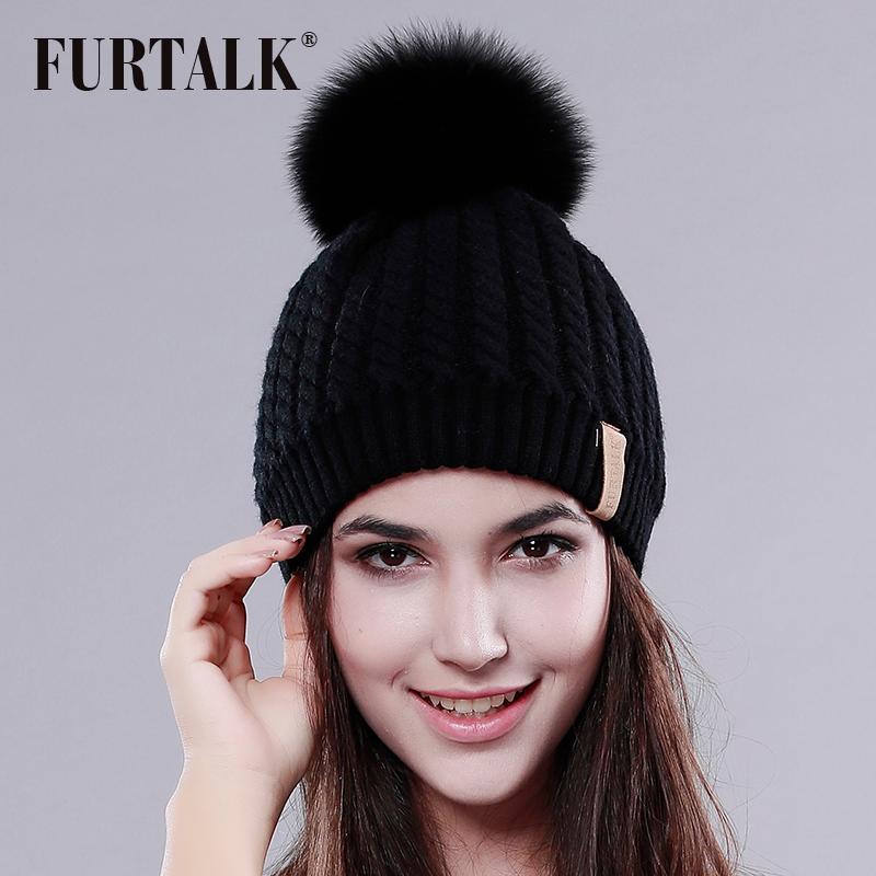 

FURTALK Warm Women Winter Fur Hat Real Raccoon Fur Pom Pom Hat, Black