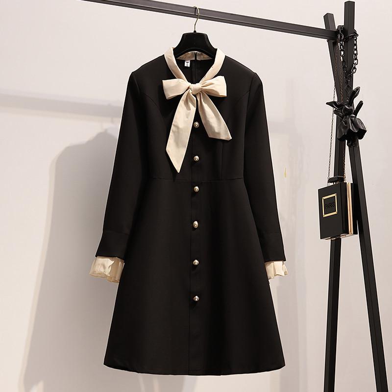 

Elegant Midi Dress Women Plus Size Autumn A-Line Bow Collar Long Sleeve Pearl Buttons Shirt Dress Loose Casual Party A186, Black