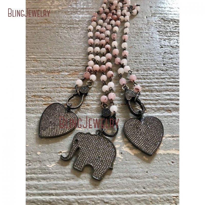

Boho Pink Stone Oxided Gunblack CZ Pave Heart Elephant Pendant Statement Necklace Crystal Rosary Choker Summer Accessory NM26714