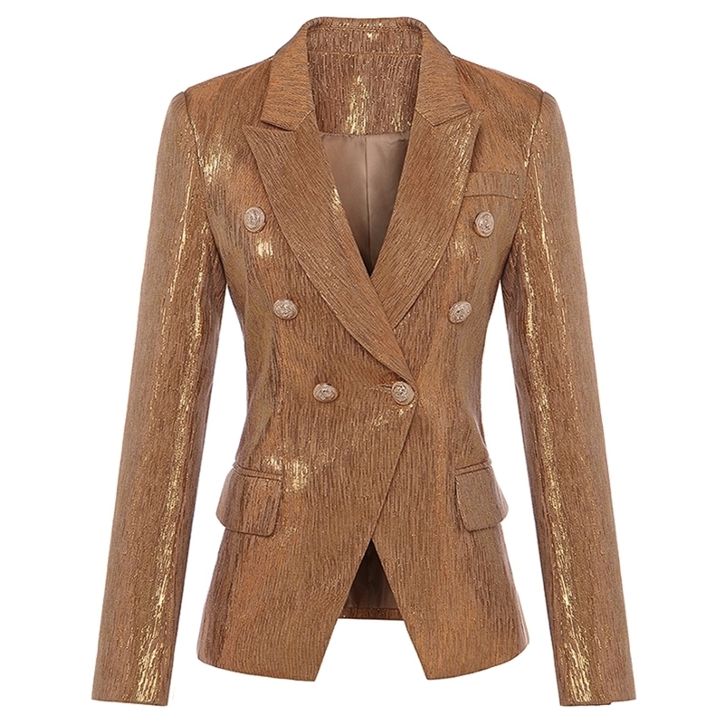 

New Fashion Fall Winter Designer Blazer Women's Lion Metal Buttons Double Breasted Blazer Jacket Outer Coat Gold 201114