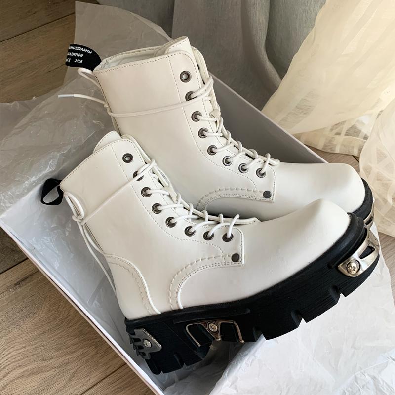 

Women's Motorcycle Ankle Boots Metal Decoration Thick Sole Black White Lace Up Shoes Round Toe High Heels B134