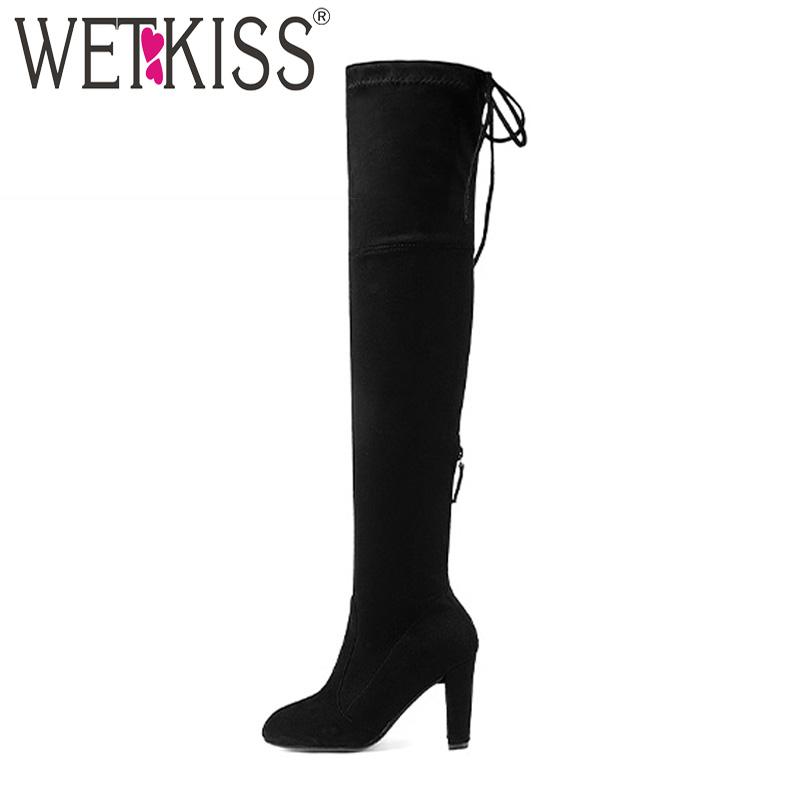 

WETKISS 9 Colors Sexy Lady Stretch Thigh High Boot High Heels Winter Woman Over the Knee Boot Faux Suede Women Shoes Big Size, Red
