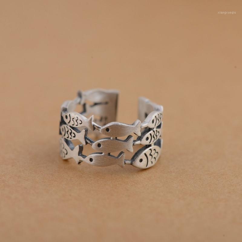 

Cluster Rings S925 Sterling Silver Retro Wide-angle Small Fish Ring Ladies Models Thai Open, Golden;silver
