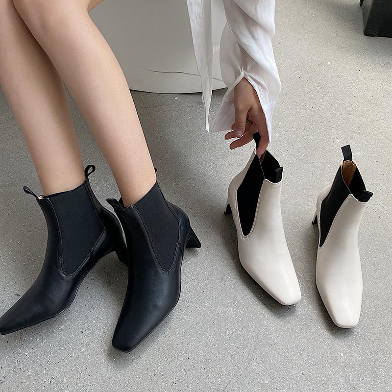 

Winter INS Fashion Women Thick Heels Sock Boots White High Heels Stretch Leather Boots Designer Yarn Elastic Ankle Shoes, Black