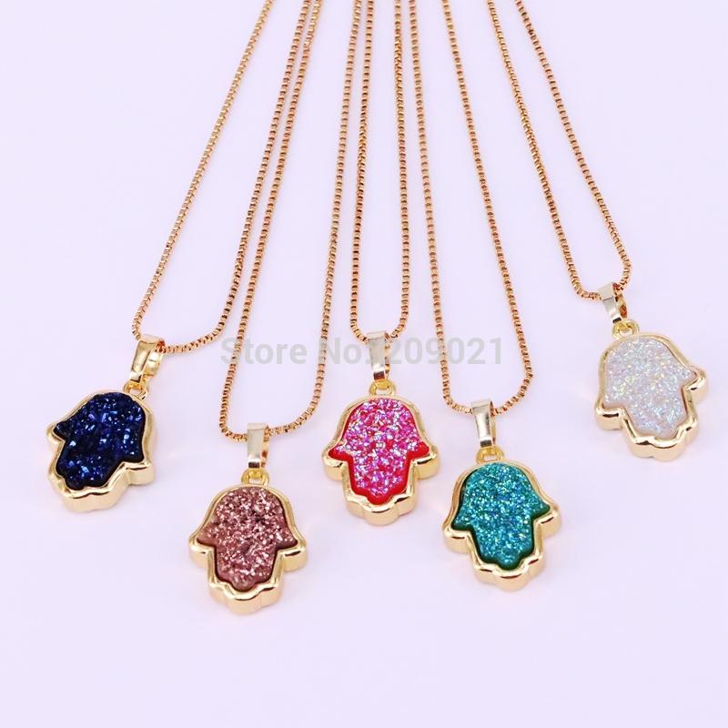 

10Pcs Fashion Titanium Quartz Stone Hamsa Hand Pendants Necklaces Women Jewelry