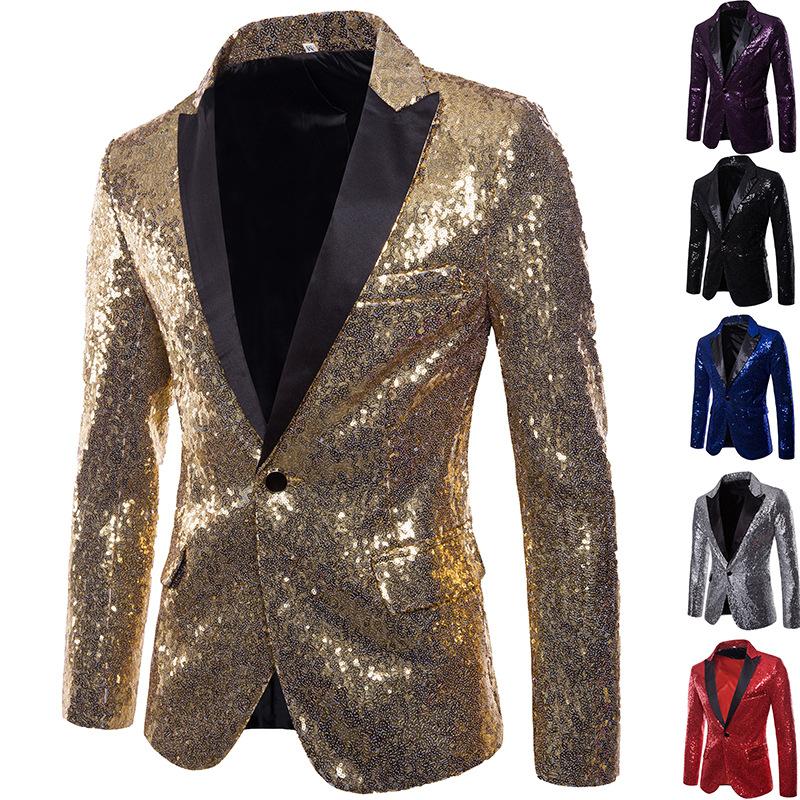 

European and American Performance Dress Gold Sequin Suit Korean Suit Nightclub Men' Clothing Host Emcee Studio Jacket, Black