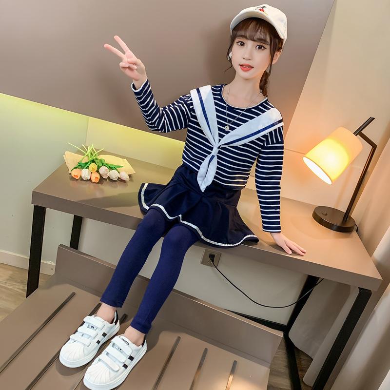

Childrenswear Goods Navy Style Skort Set Girls Stripes Long-sleeve Suit Set Fashion Students Autum, Pink