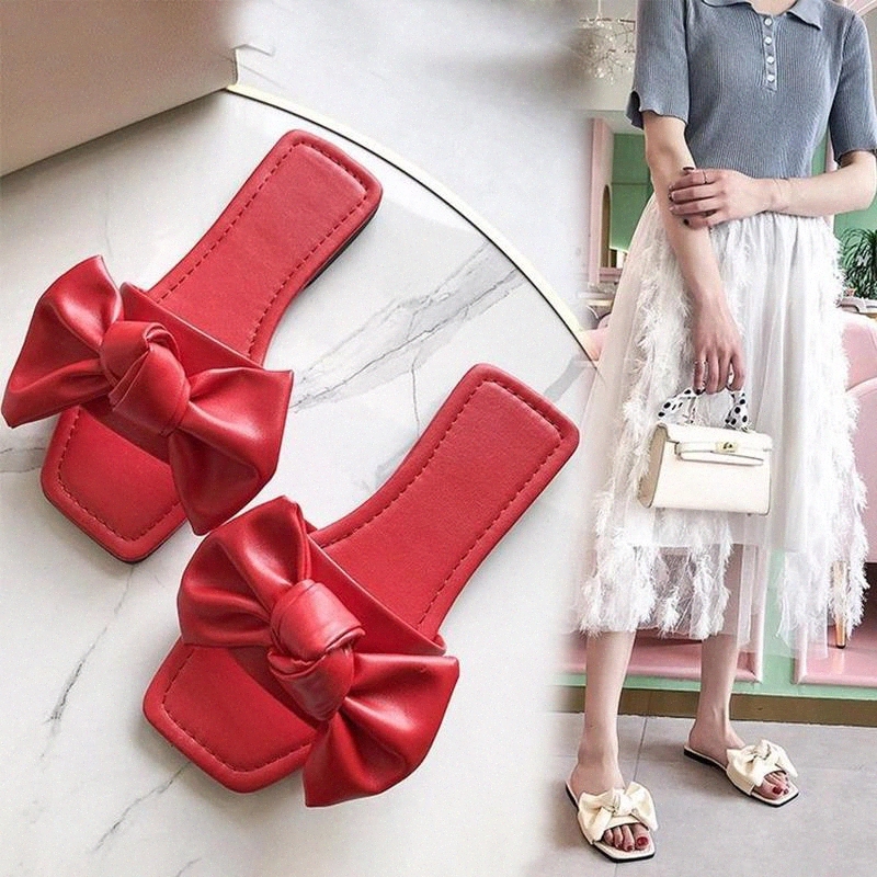 

Woman Open Toe Slippers Ladies Flock Butterfly Knot Sewing Flat Shoes Woman Comfortable Casual Fashion Slipper Female Summer Hot #2B66, Black