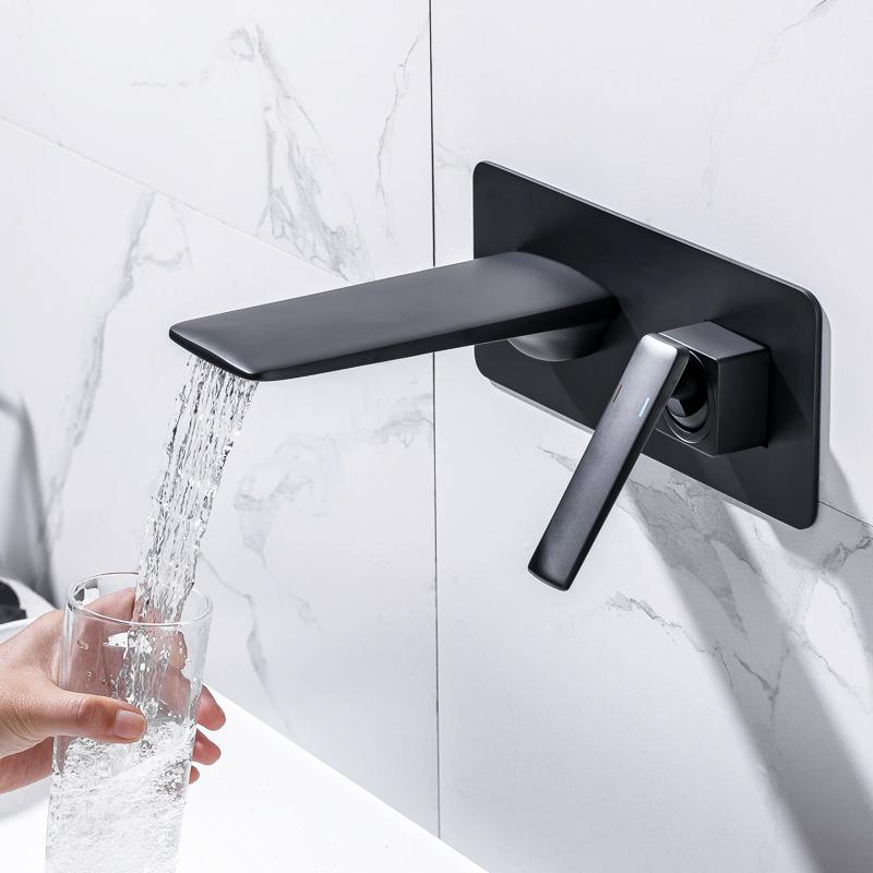 

Beiluode Simple Style Matte Black Brass Wall Mounted Basin Faucet Single Handle Mixer Tap Hot Cold and Waterfall AM1019