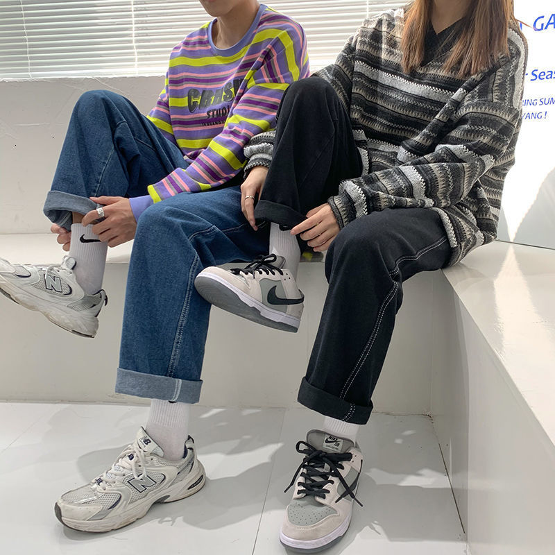 

2021 New Men' Elastic Waist Casual Oversize Woman Solid Color Korean Straight Denim Pants Man Jeans Clothing Streetwear Tjja, Lightblue