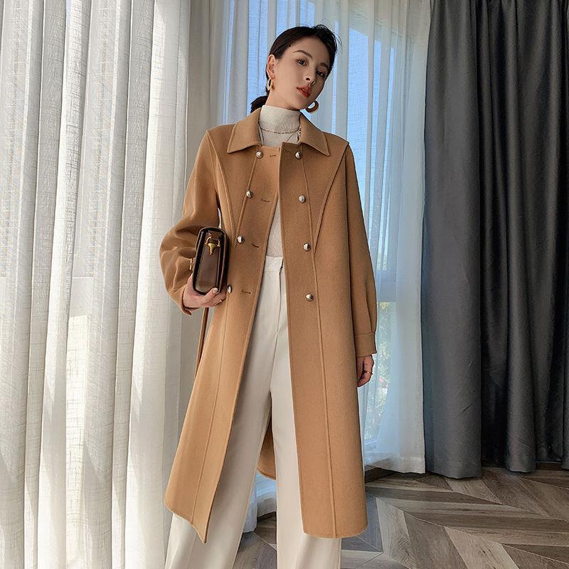 

Women Autumn Winter Khaki Long Cashmere Coat Jacket Double Breasted Wool Overcoat Slim Waist Cardigan Outerwear