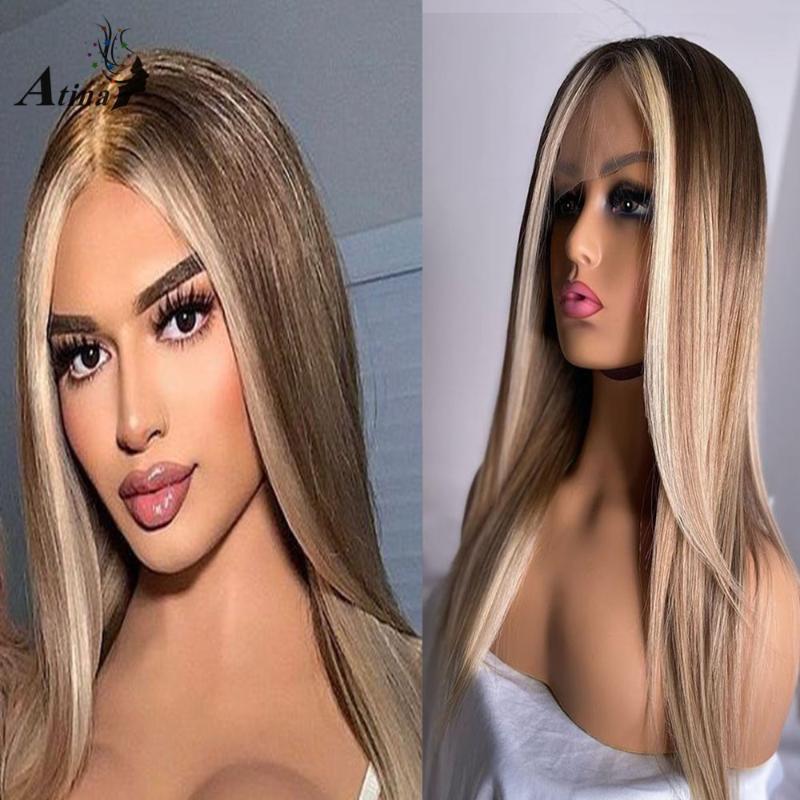 

Atina 180 Density Ombre 613 Straight Human Hair Wigs Colored Bleack Knots Remy Human Hair Wigs Pre plucked Lace Frontal Wig HD, As pic