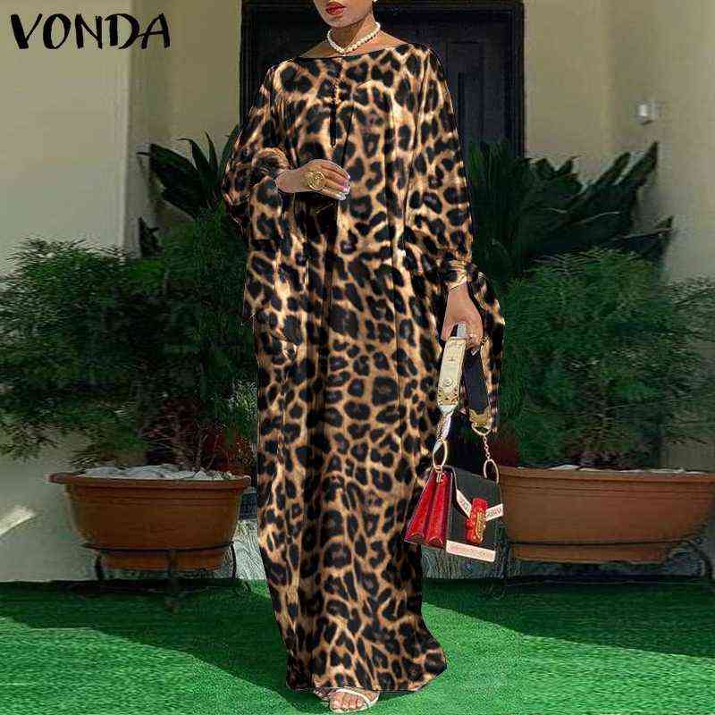 

Women Kaftan Dress 2022 VONDA Summer Vintage Leopard Print Party Long Maxi Dress Casual Long Sleeve Pleated Robe Beach Vestidos G220307, C green