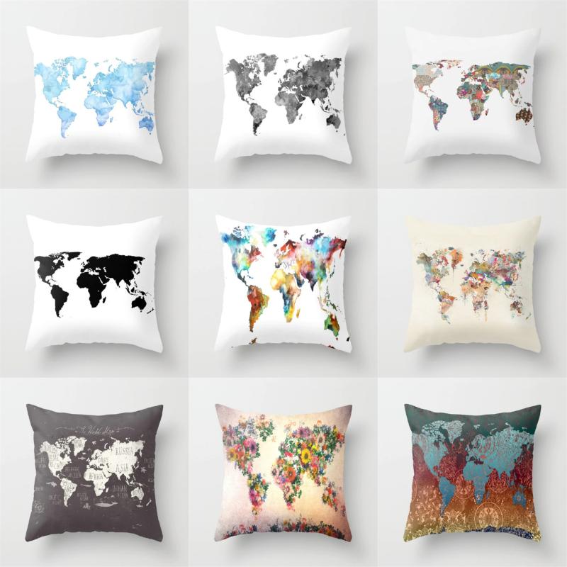 

Creative World Maps Cushion Covers Hand Painted Watercolor Polyester White Pillow Covers Sofa Chair Car Cushions Throw Pillows, Drd14-4