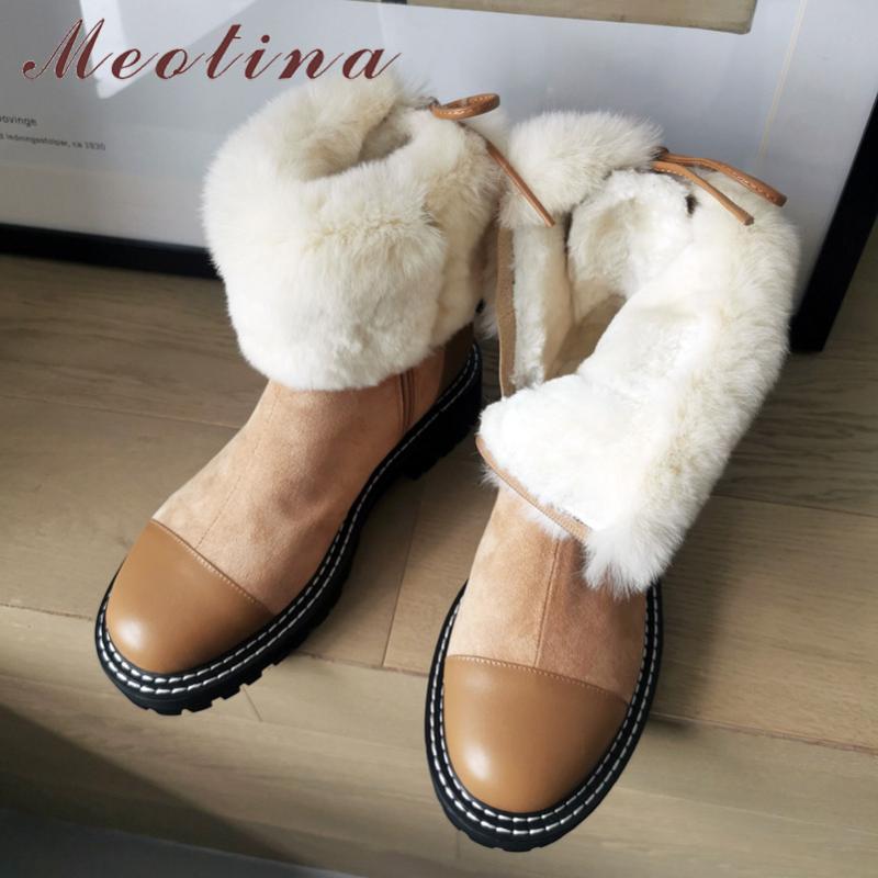 

Meotina Women Fur Snow Boots Shoes Real Leather Platform Thick Heels Short Boots Zipper Lace Up Mid Heel Warm Ankle Brown, Black