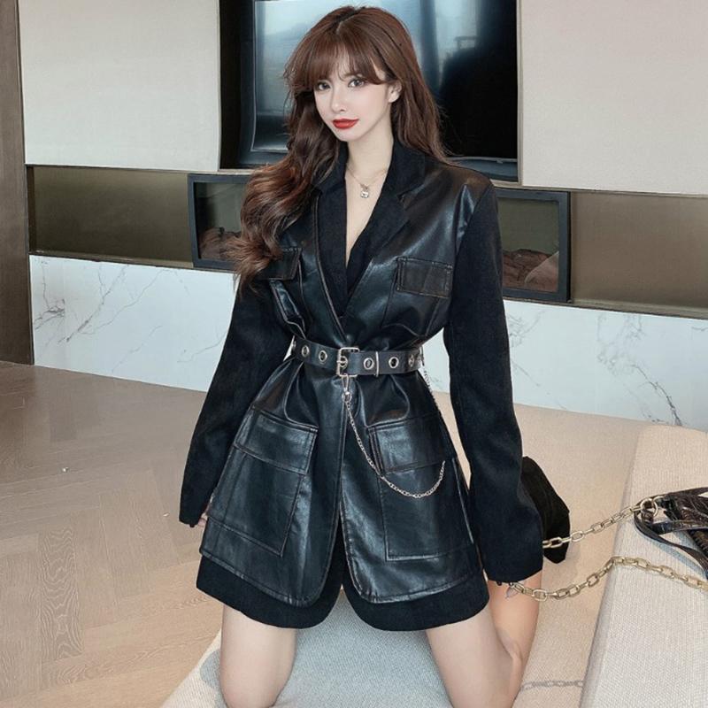 

Korean Women' Fake Two Black Faux Leather Jacket 2021 Spring Autumn Fashion Splice Ladies PU Coat With Belt Chaquetas De Mujer