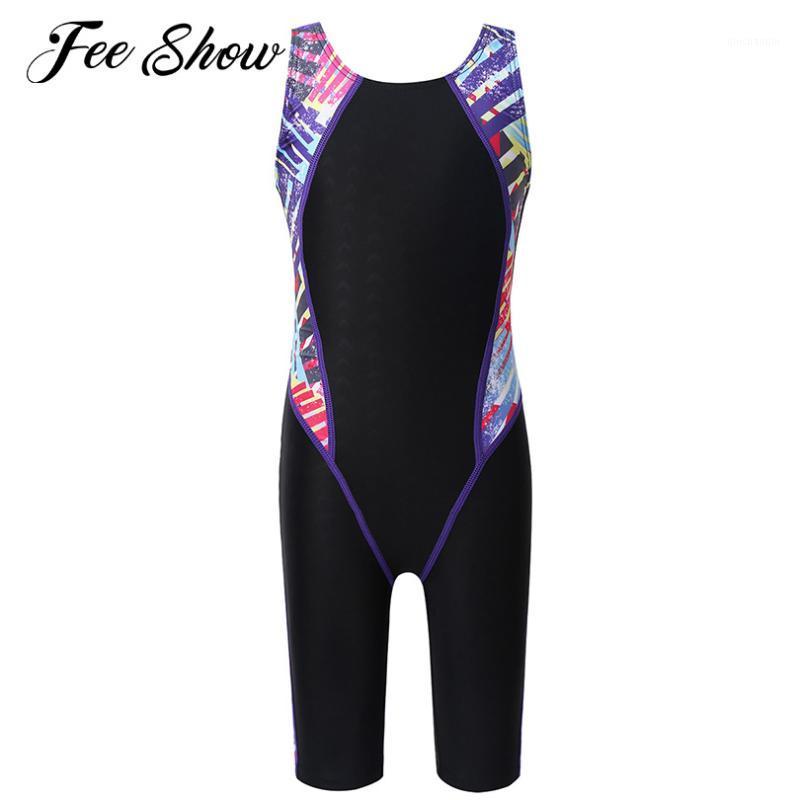 

Summer Kids Girls One-Piece Swimsuits Suits Beach Wear Knee Length Splice Athletic Competitive Racerback Swimwear Bathing Suits1
