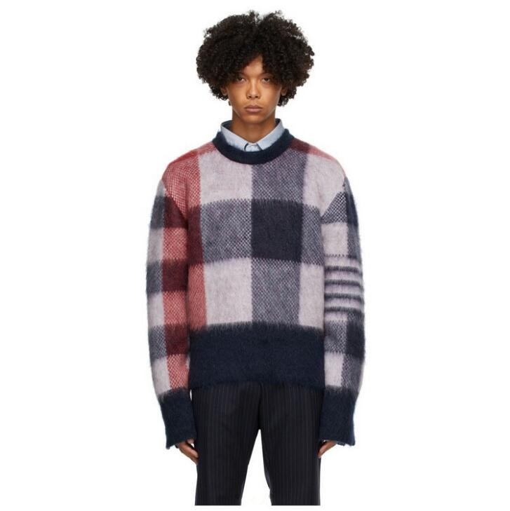 

Men women fashion round neck mohair sweater retro wool colorful plaid coat sweater free shipping, White
